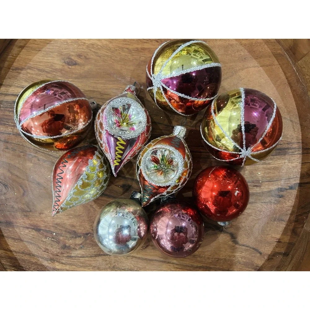 Vintage 1940s/1950s MCM Indented Glass Christmas Ornaments Lot of 9 Estate Find‎